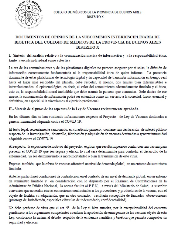 DOCUMENTOS DE OPINIÓN DE LA SUBCOMISIÓN INTERDISCIPLINARIA DE BIOÉTICA